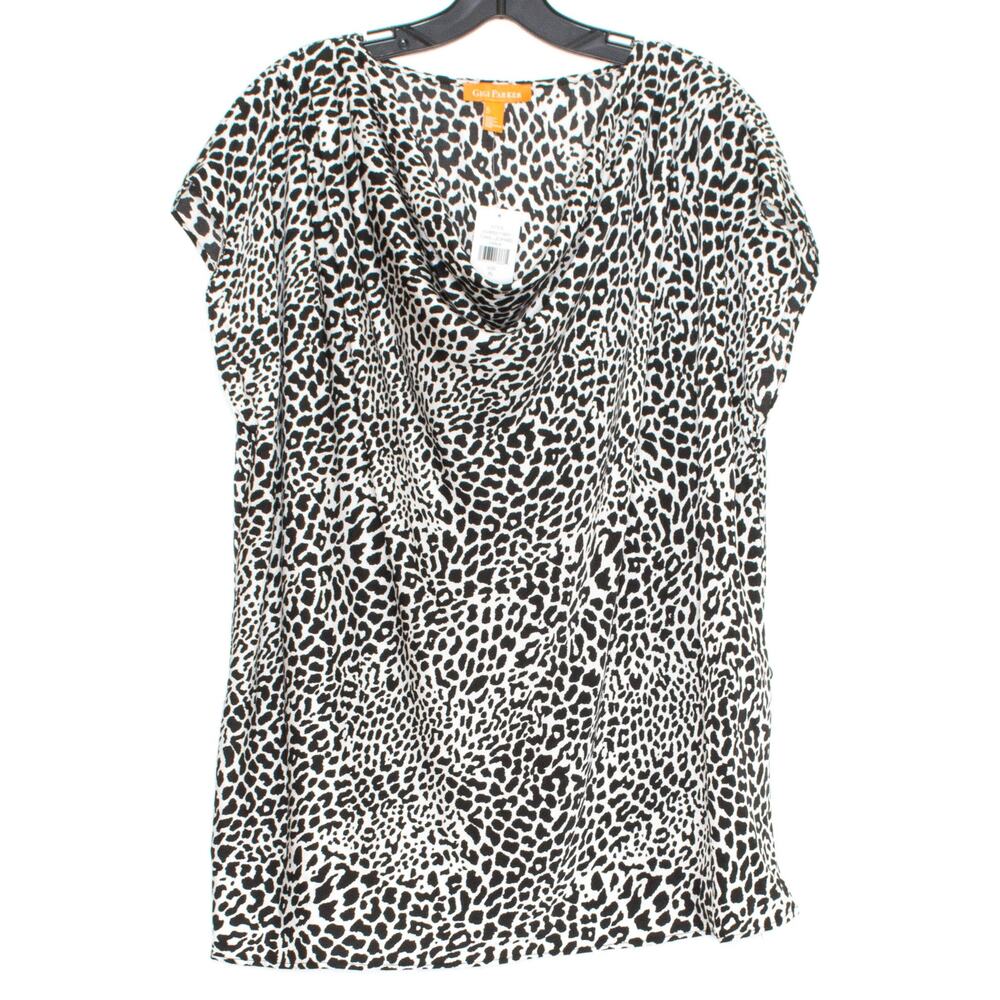 NWT Gigi Parker Womens Top Leopard Cowl Neck Short Sleeve Black White XL FV